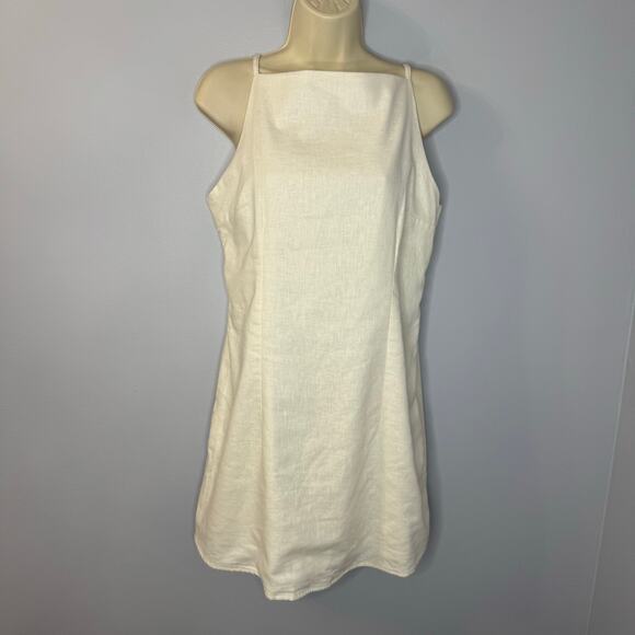 Abercrombie & Fitch Linen High Neck Strappy Mini Dress Cream Coastal Beach L New - Picture 2 of 14